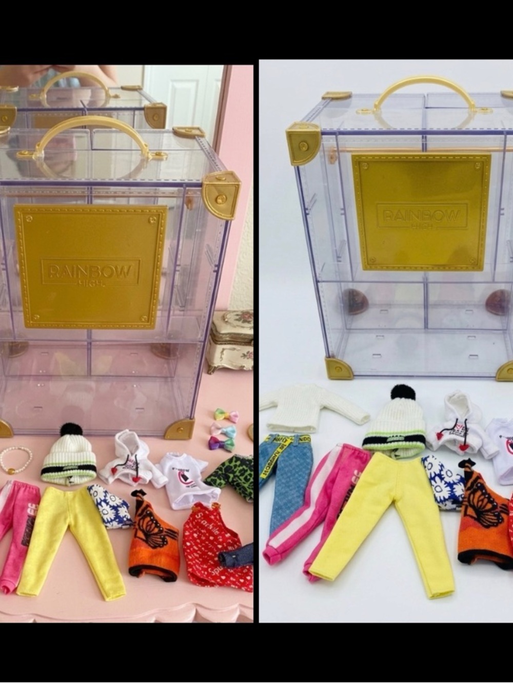 Rainbow High Deluxe Fashion Closet Clear Gold Acrylic Trunk 12 Clothing Pieces